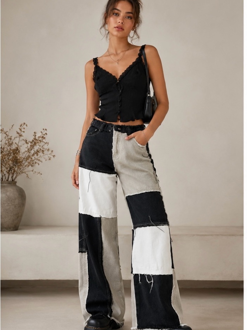 Patchwork Wide Leg Jeans Size M Black White Raw Hem Cotton Streetwear Pants